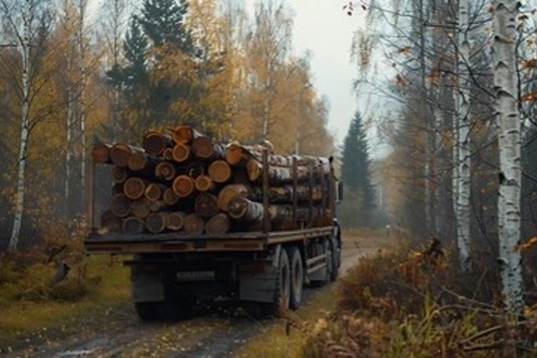 A small image of a trailer loaded with logs